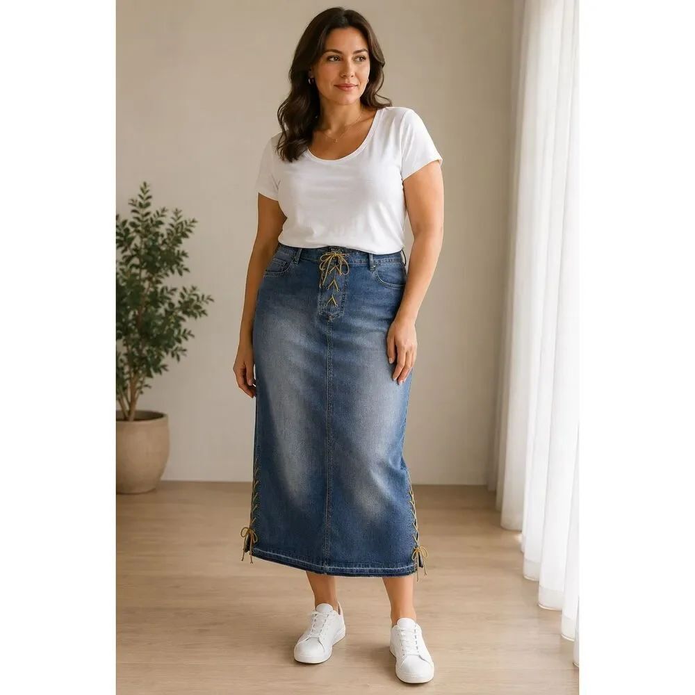 Wild Z Denim Lace Up Midi Skirt Blue Jean Side Lace Stretch Plus Size 20W